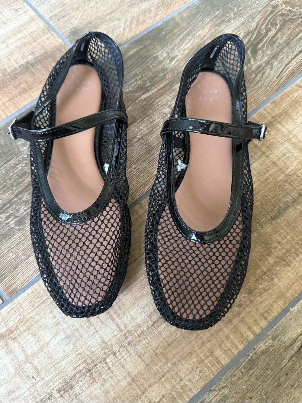 a new day Black Mesh Mary Jane Ballet Flats Memory Foam Insole Closed Almond Toe